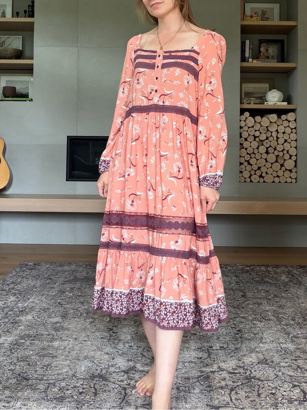 Jaase NWT boho pink Peach Midi Dress with Long Sleeves tiered skirt medium